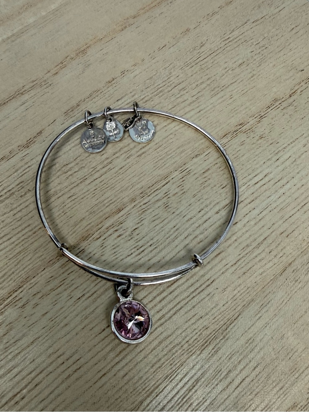 Alex and Ani June Light Amethyst Silver Bangle Bracelet with Pink Crystal Charm